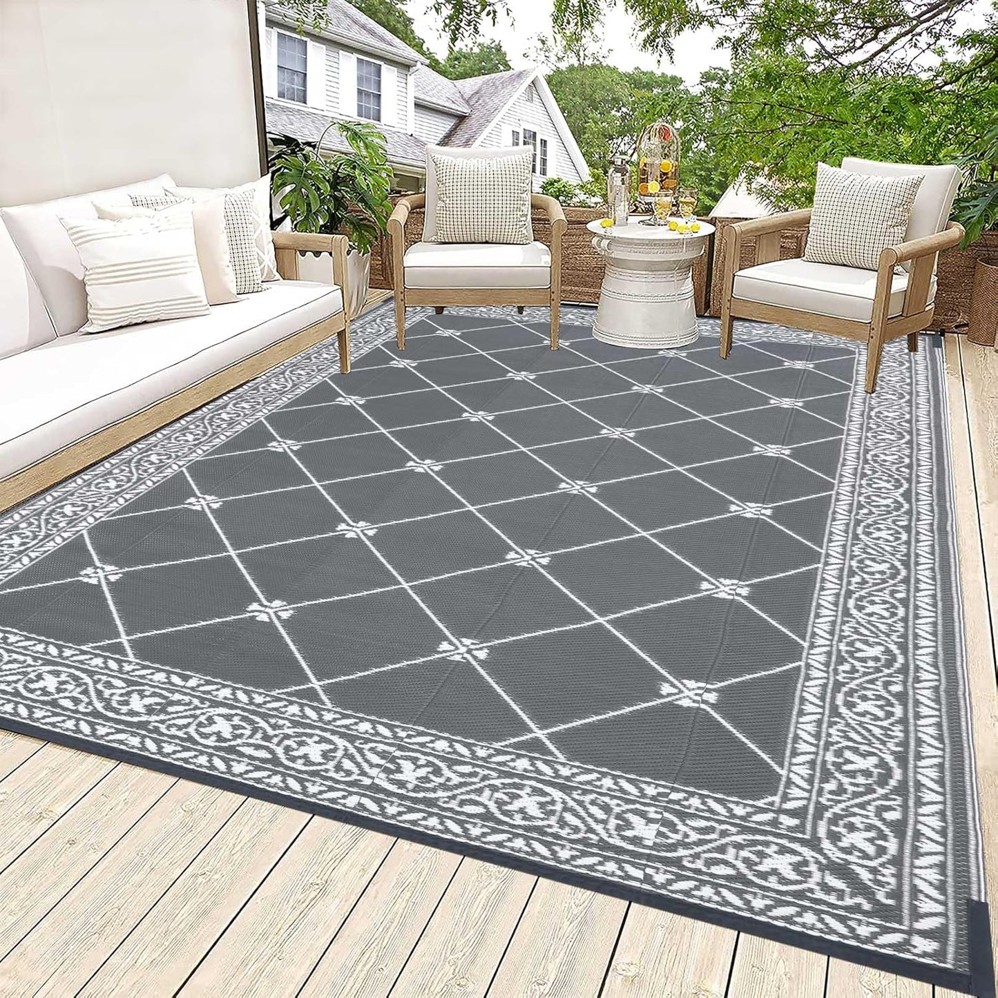 HiiARug Reversible Mats Outdoor Rug 6'x9' for Patio Plastic Straw Patio Rugs Outdoor Rugs Large Floor Mat for Ourdoor Decor,Garden, Patio, Backyard, Deck, Picnic, RV, Camping (Grey)
