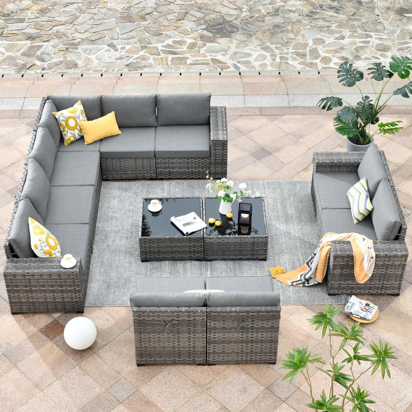 HOOOWOOO 12 Piece Modular Patio Outdoor Sectional Furniture Sofa Set,Wicker Conversation Set,Out Door Couch Set with Wide Arm for Outside All Weather(Dark Grey)