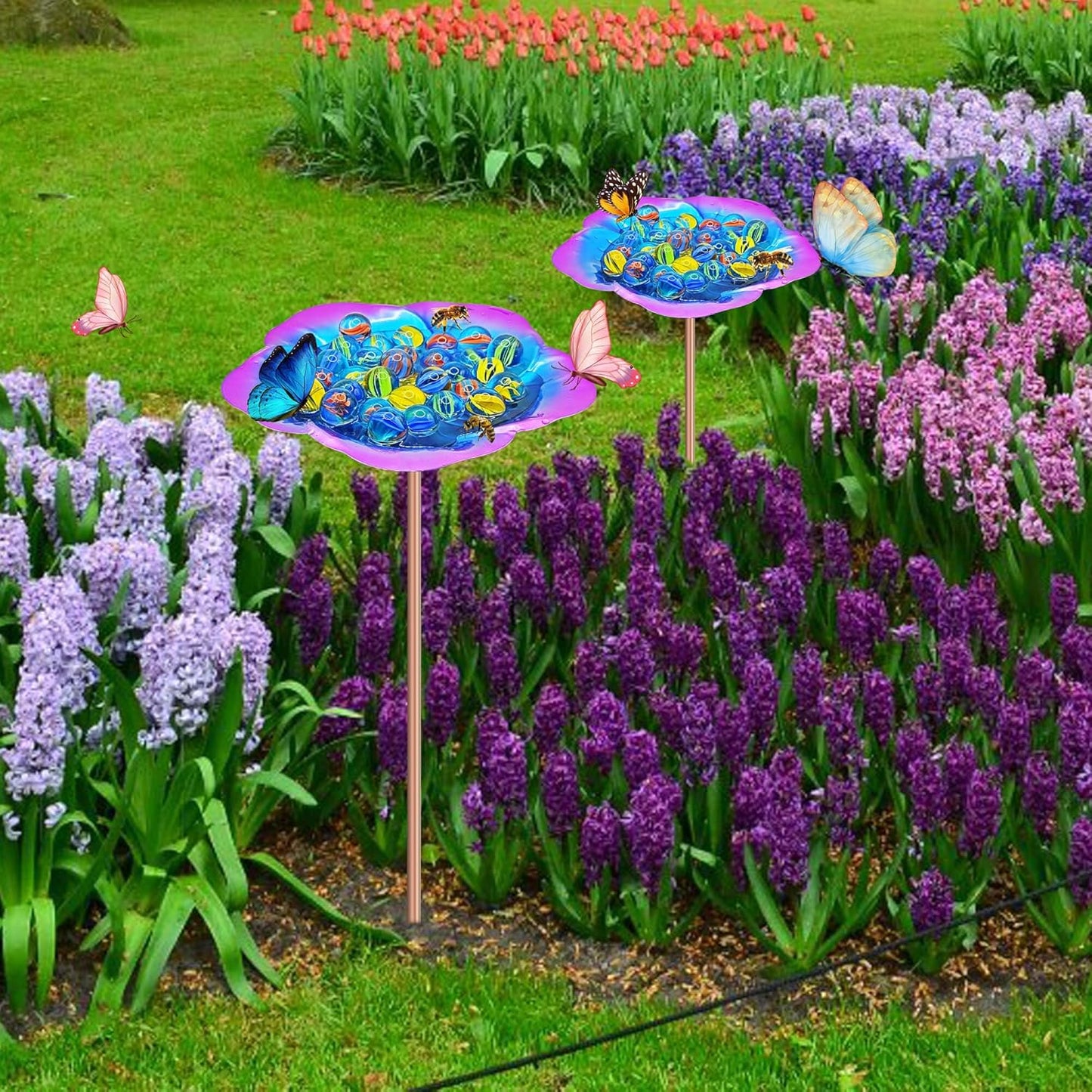 Bee Watering Station-Golden Purple Puddler Bee Bath & Feeder with Metal Stakes - 30 Glass Marbles, Vivid Flower Design, Garden Yard Decor (Purple-1PACK)