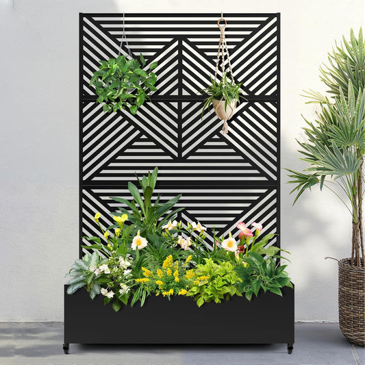 FENCY Metal Raised Garden Bed with Wheels and Trellis,73"x47"x16" Planter Box for Climbing Plants, Vegetables & Vines, Features Privacy Screen and Drainage Holes (Black-Modern)