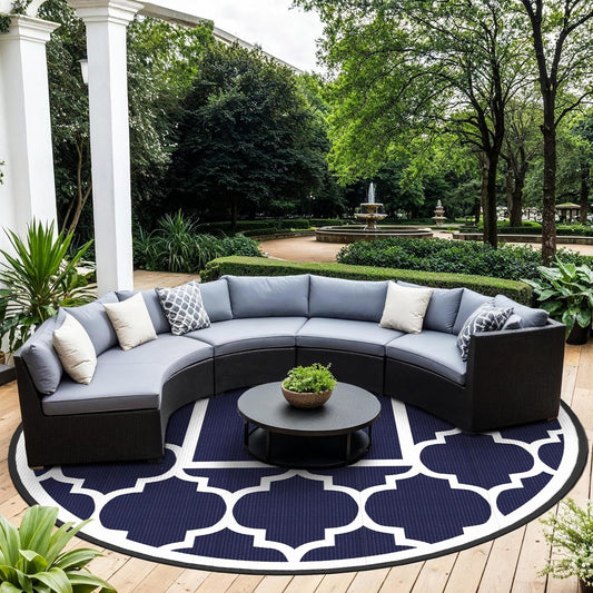 GENIMO 10 ' Round Outdoor Rug for Patio, Waterproof Indoor Outdoor Plastic Straw Rugs Carpet, Reversible Outside Area Mat for Camping, Balcony Porch, Deck, Picnic, Blue White