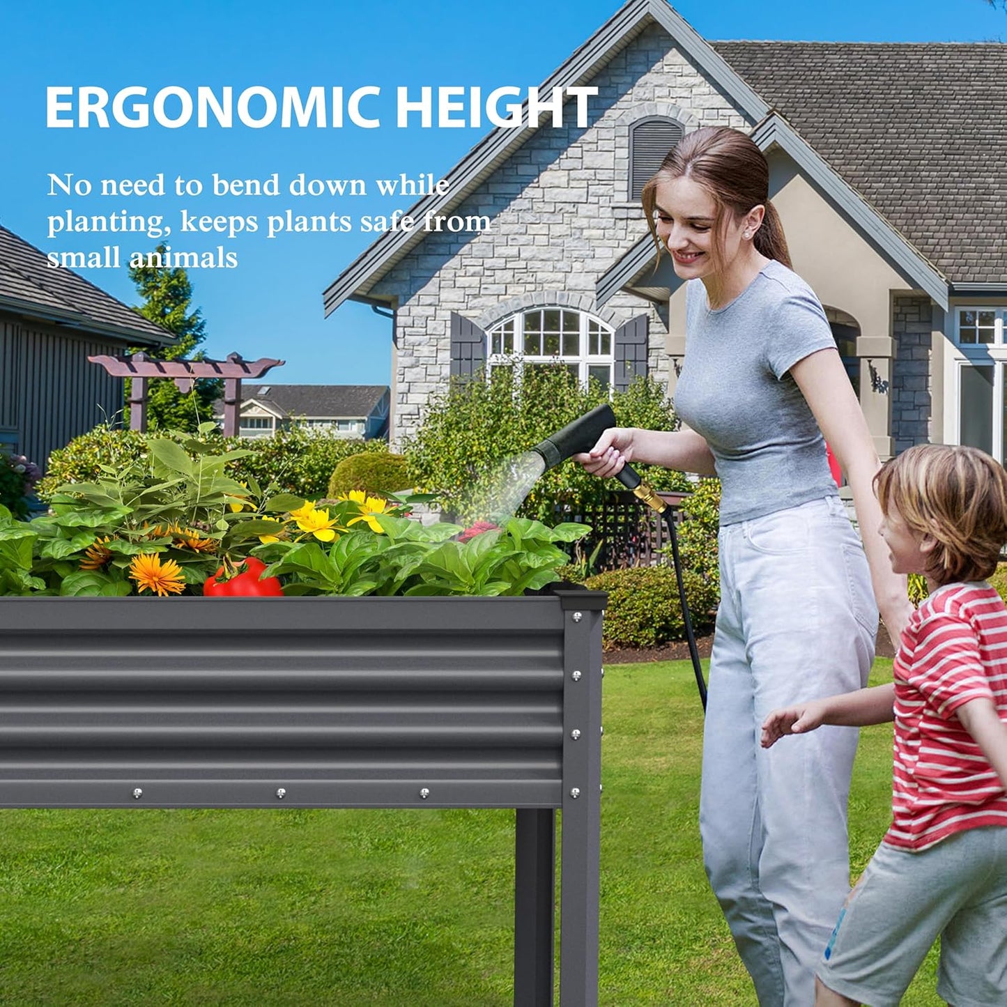 MUPATER Galvanized Steel Raised Garden Bed with Legs, 47.8" L x 23.5" W x 31.9" H Large Metal Elevated Raised Planter Box with Detachable Black Liner for Backyard, Patio, Balcony, Gray