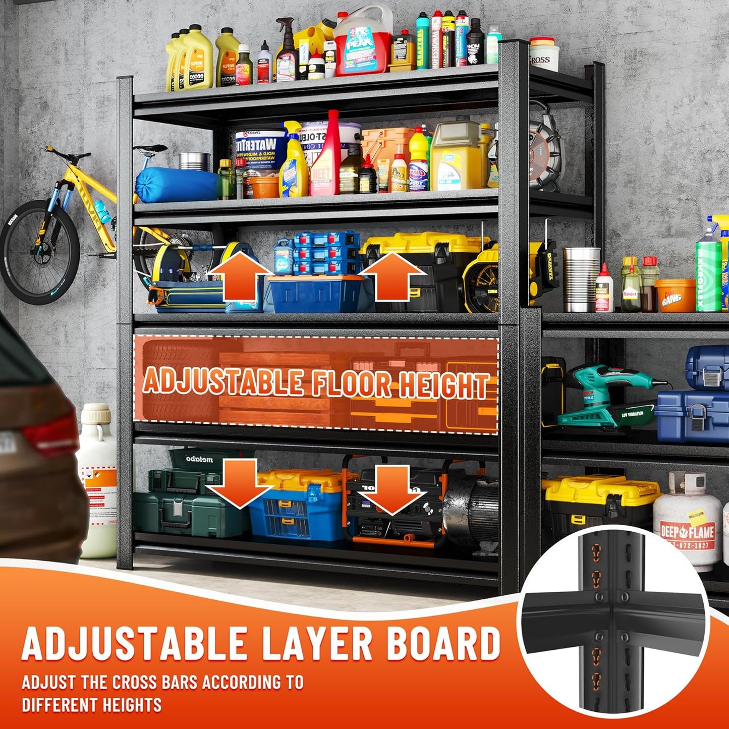 Heavy Duty 5-Tier Shelving Unit 2500LBS Capacity - Adjustable Steel Garage Shelves for Warehouse, Basement Storage(63''H x 45.3''W x 17.7''D)