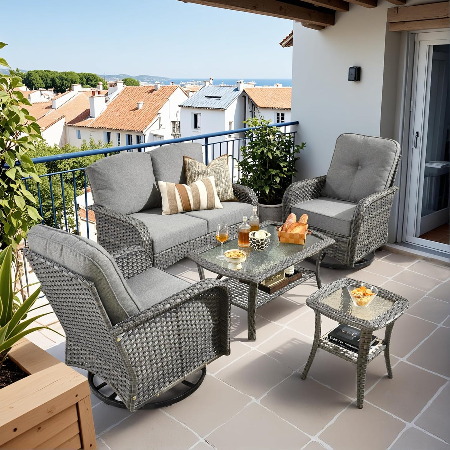 HOOOWOOO Patio Furniture Set,5 Pieces Outdoor Conversation Set,All Weather Wicker Loveseat Sofa Set with High Back Swivel Rocking Chairs Tables,Dark Gray