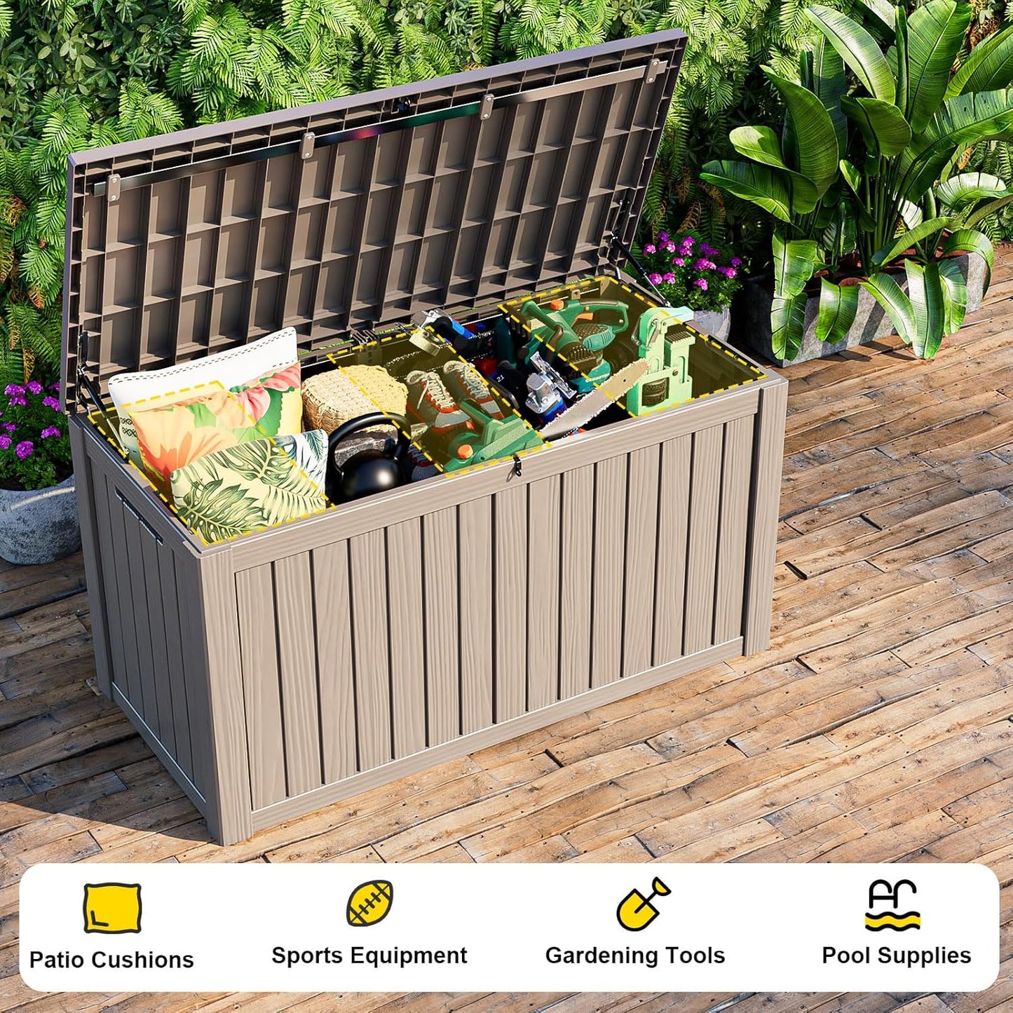 150 Gallon Resin Outdoor Deck Box Waterproof Patio Furniture, Garden Tools, Cushions, Pool Accessories Outside Storage Box (150 Gallon,Grey)