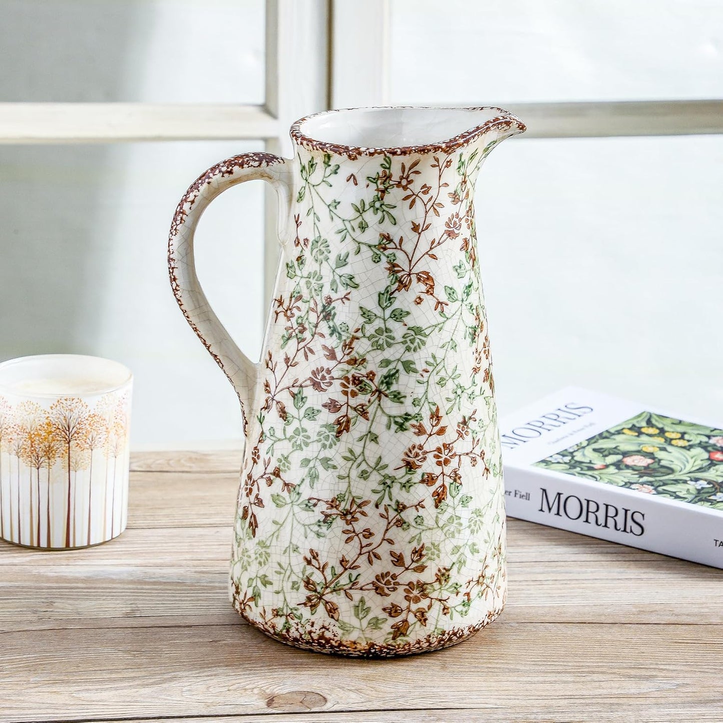 Enra Pitcher vase with Handle,12.2 in Ceramic Vintage Chinoiserie Floral Vase,Green and Beige Decorative Flower vase,Large Rustic Vases for Home Decors, Living Room, Bookshelf, Office