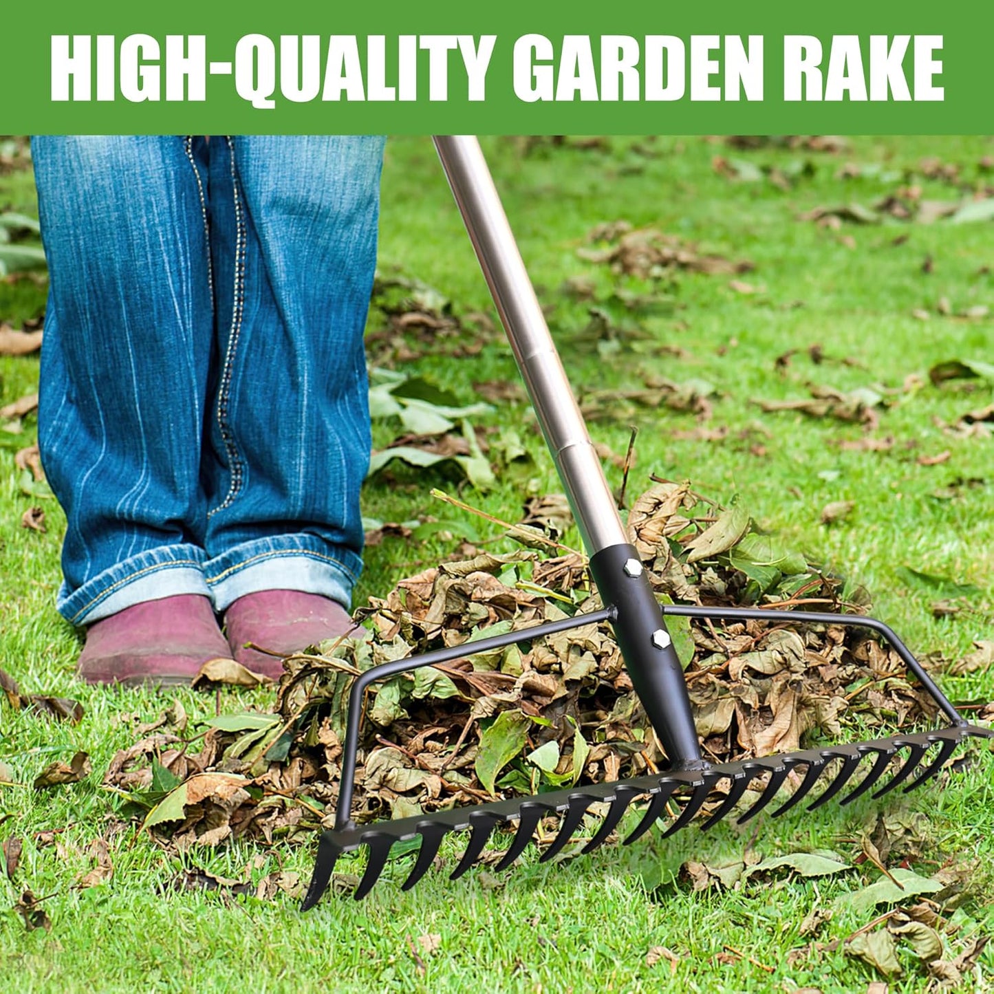 Garden Rake, Metal Sturdy and Heavy Duty Metal Rake, 16-Tine Bow Rake with Adjustable Stainless Steel Handle, Long Shaft for Loosening Soil, Leveling Mulch, Gathering Leaves