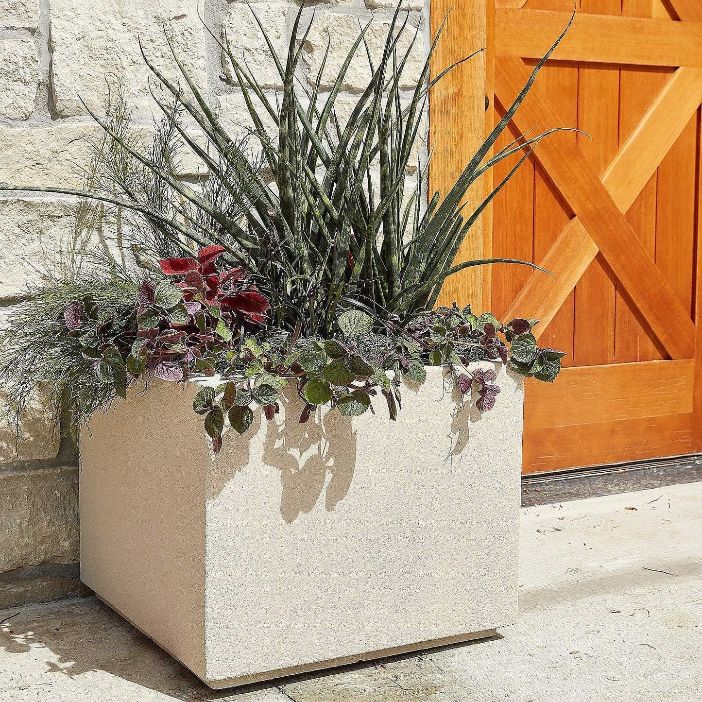 PolyStone Monterray Modern Outdoor/Indoor Square Planter, Lightweight, Heavy Duty, Weather Resistant, Polymer Finish, Commercial Grade and Residential, 23" L x 23" W x 19" H (Greige)