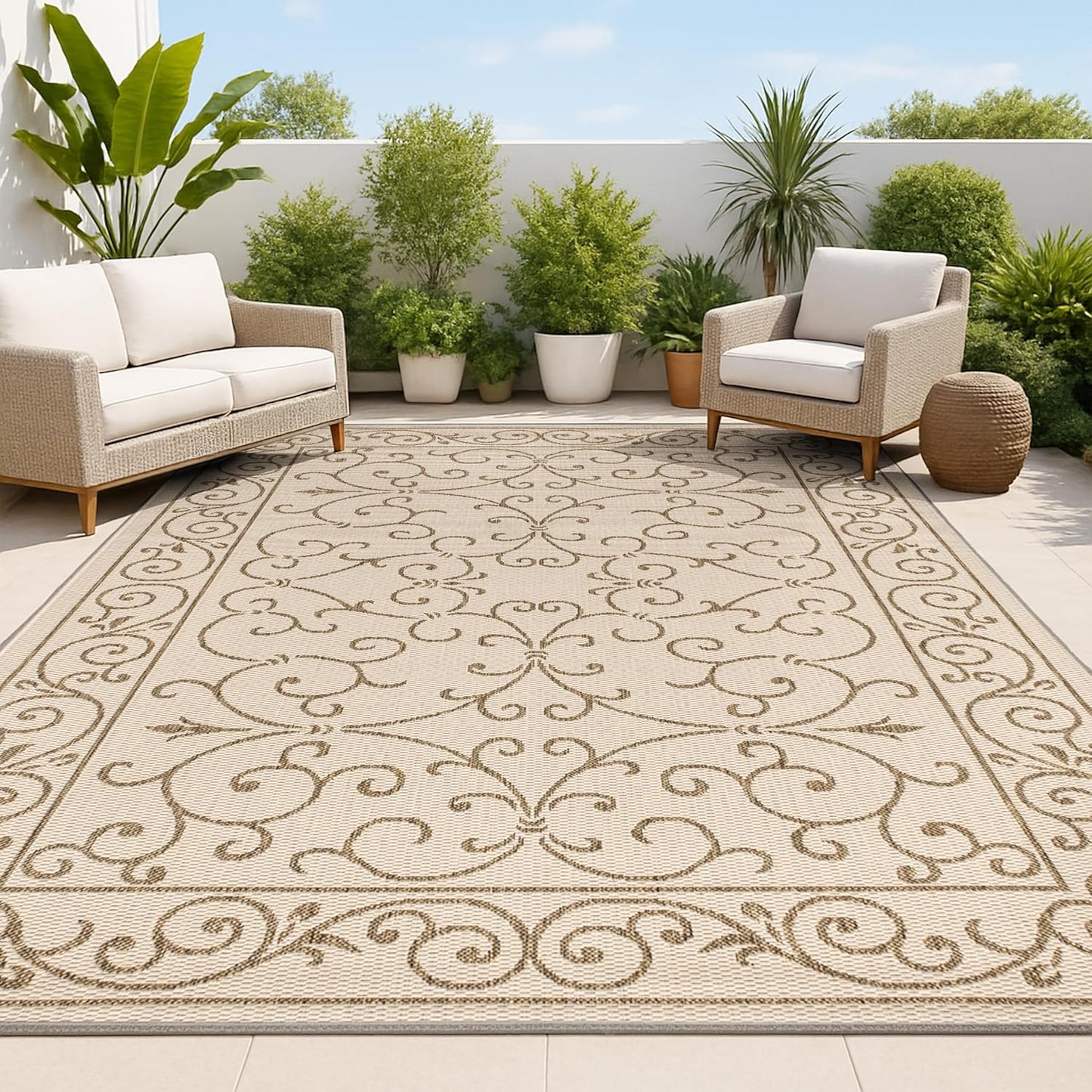 JONATHAN Y SMB106A-5 Charleston Vintage Filigree Textured Weave Indoor/Outdoor Beige/Brown 5 ft. x 8 ft. Area Rug, Classic,Easy Cleaning,HighTraffic,LivingRoom,Backyard, Non Shedding