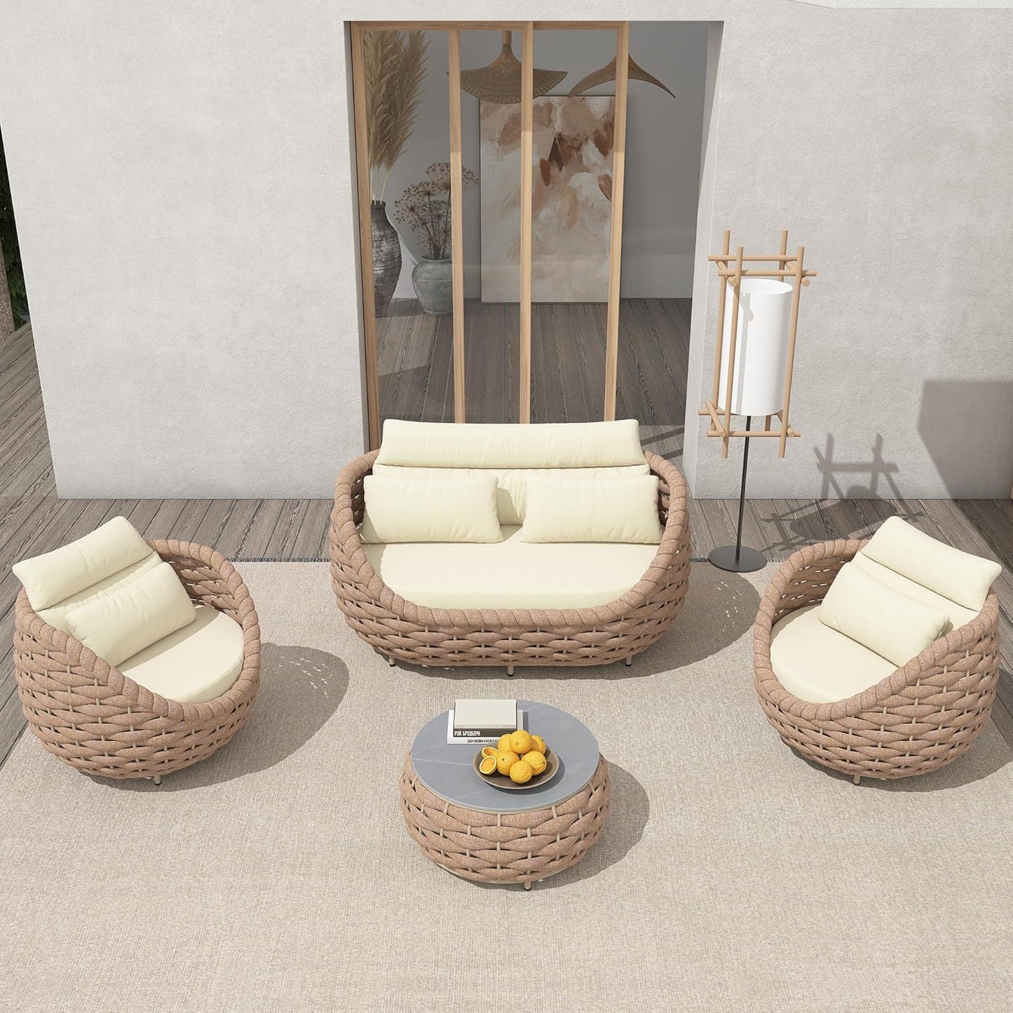 TWT Patio Furniture Sofa Set 4 Pieces Aluminum Outdoor Furniture w/25.6in Coffee Table,Patio Conversation Set with Hand Woven Textilene Rope for Backyard Garden Poolside (Khaki)