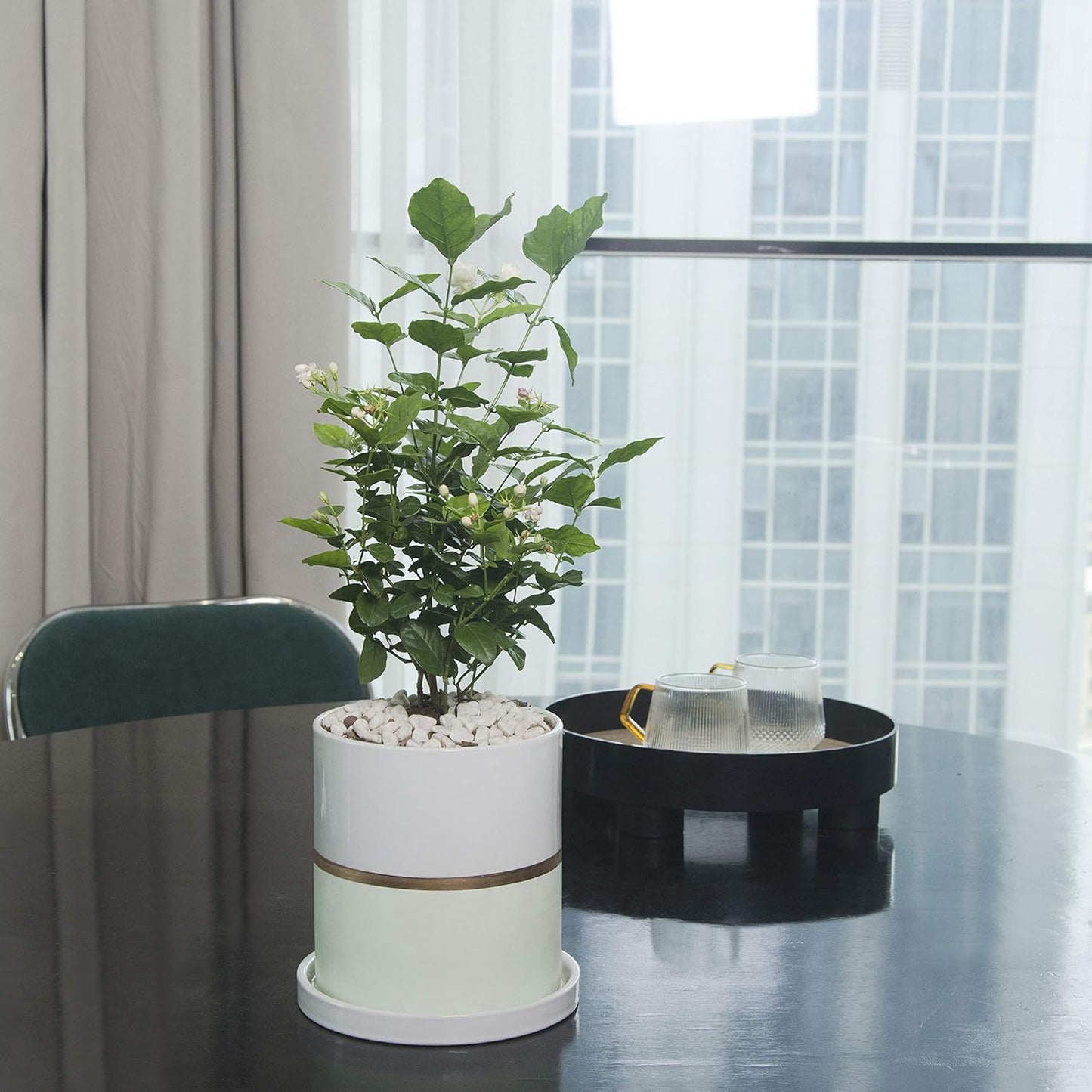 Ekirlin 5 inch Plant Pot - Ceramic Flower Planters Indoor - Modern Succulents Containers with Drain Hole Saucer, Decorate Home, Office & Outdoor (Green)