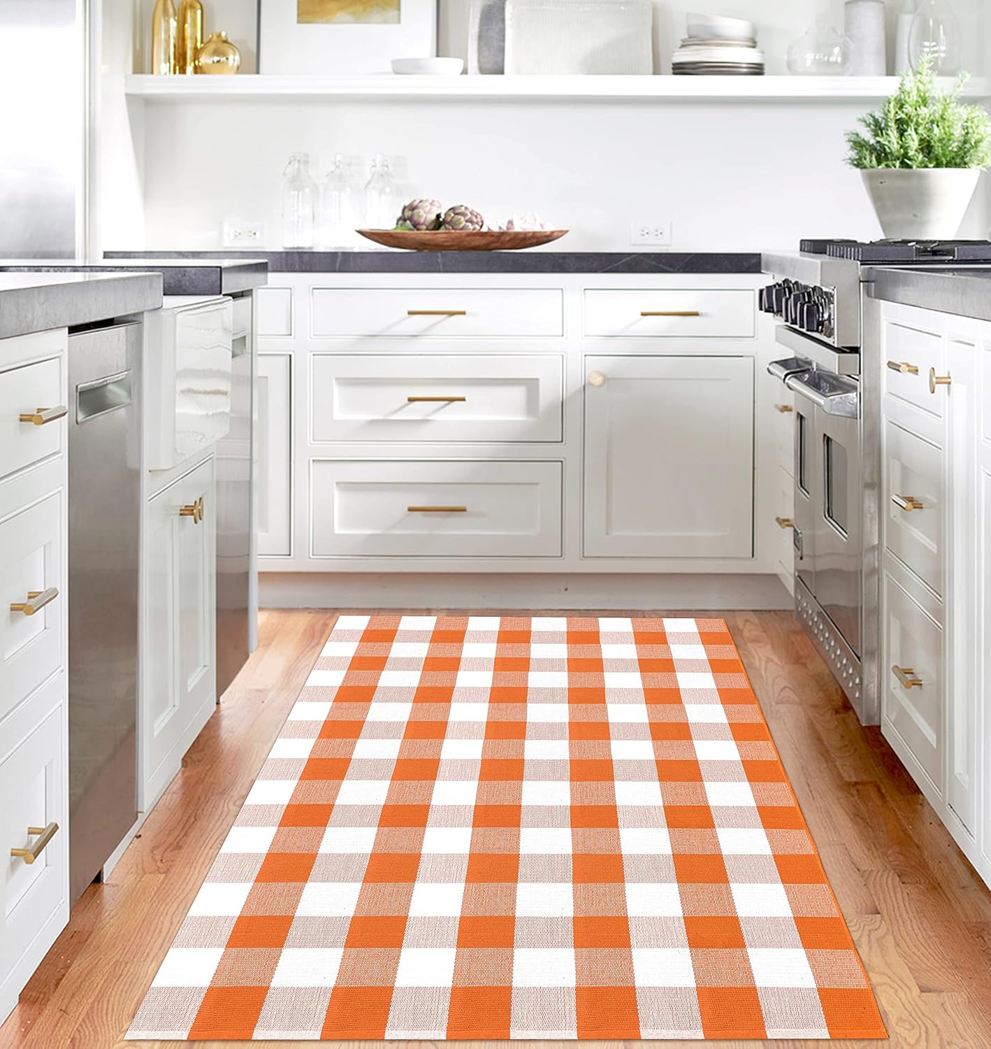 IOHOUZE Fall Buffalo Plaid Check Rug Outdoor Doormat 4x6 Ft Washable Woven Outdoor Indoor Welcome Mats for Front Door/Farmhouse/Entryway/Home Entrance Orange and White Outdoor Rug