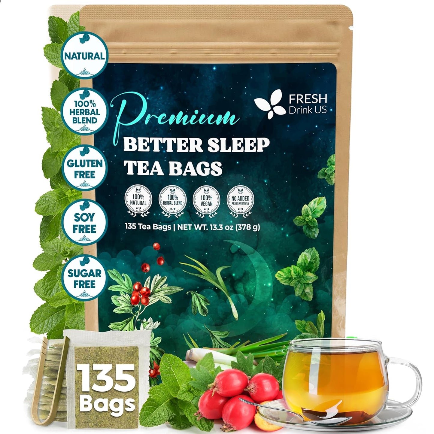 FreshDrinkUS, Premium 135 Tea Bags Better Sleep Herbal Tea | Caffeine-Free Loose Leaf Blend with Spearmint Leaves, Lemongrass Leaves, and Hawthorn Berry – Naturally Refreshing and Aromatic.