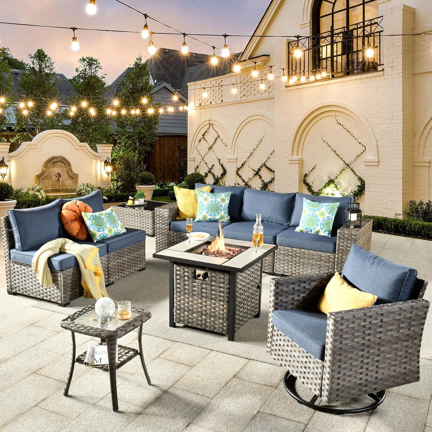 HOOOWOOO 9 Piece Modular Patio Outdoor Sectional Furniture Set with Gas Propane Fire Pit Table,Wicker Conversation Sofa Set with Swivel Chairs,Outside Couch Set(Denim Blue)