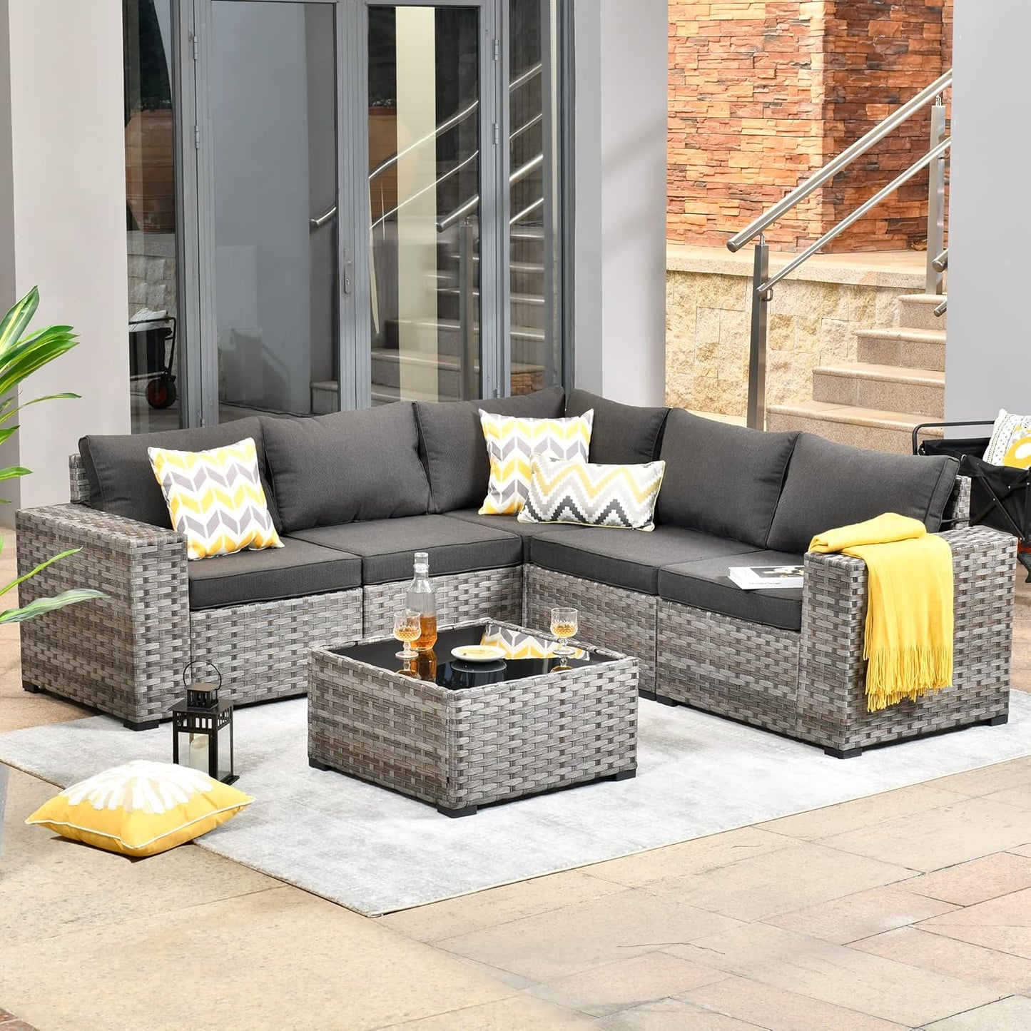 HOOOWOOO Modular Patio Outdoor Sectional Furniture Set,6 Piece Wicker Conversation Sofa Set,Out Door Couch Set with Wide Arm for Outside All Weather(Black)