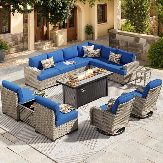 HOOOWOOO Outdoor Sectional Patio Furniture Set with Fire Pit Table,13 Pieces Wicker Conversation Sets L Shaped Couch,Extra Deep Out Door Sofa Outside Furniture with Swivel Chairs,Navy Blue