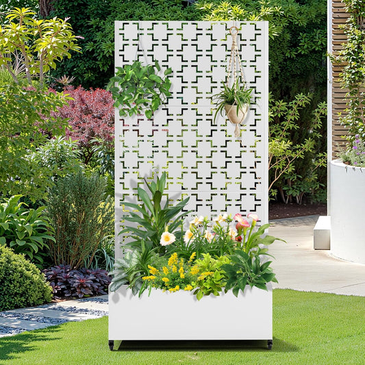 FENCY Metal Raised Garden Bed with Wheels and Trellis,73"x35"x16" Planter Box for Climbing Plants, Vegetables & Vines, Features Privacy Screen and Drainage Holes (White-Square)