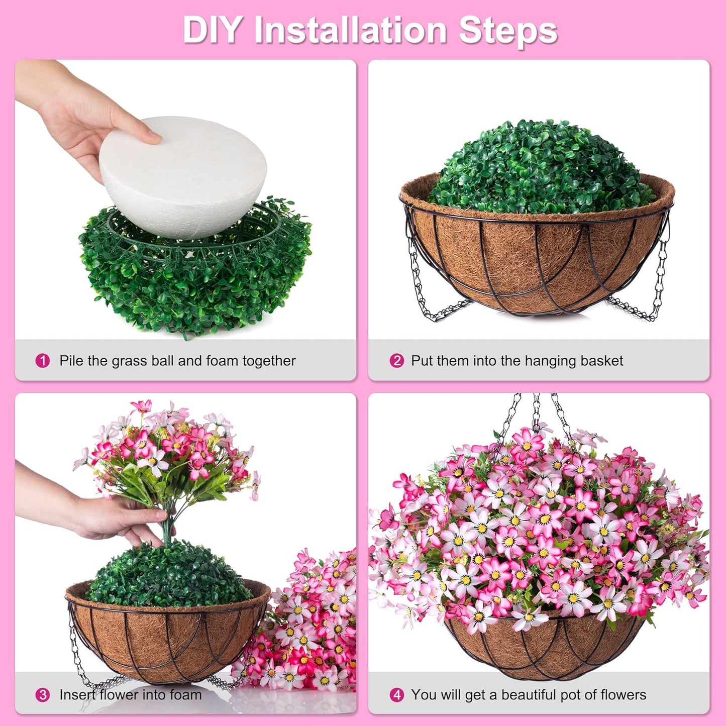 Artificial Silk Flowers Hanging Baskets Outdoors Indoors,Chrysanthemum with Eucalyptus Leaves Arrangement for Garden Yard Spring Summer Decor,Faux Plant in Metal Coconut Lining Flowerpot(Pink)