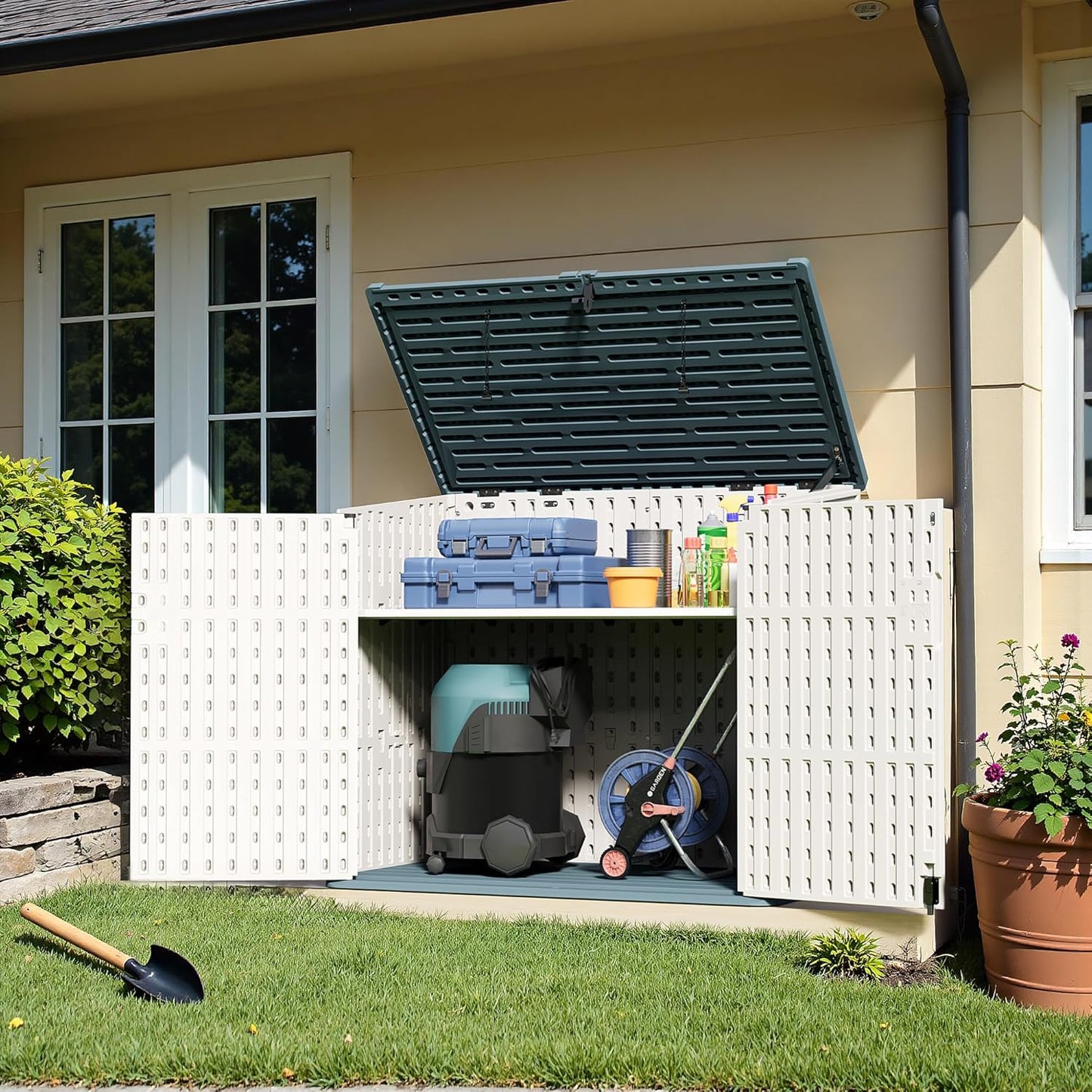 Greesum Outdoor Resin Storage Shed, 34 Cu.ft Horizontal Outdoor Storage Box Waterproof for Garden, Pool Storage, Garbage Cans, Beige