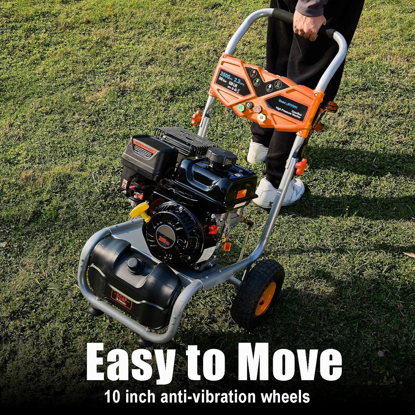 3500 PSI Gas Pressure Washer, 2.3 GPM Heavy-Duty High-Power Cleaner with 209CC 7HP Engine, 25Ft Hose, Axial Aluminum Pump, Soap Tank & 4 Quick-Connect Adjustable Nozzles (Orange)