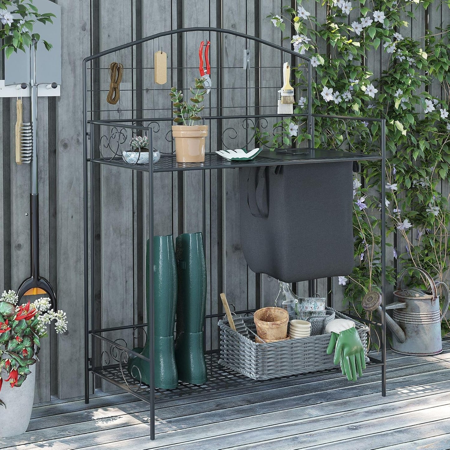 Outsunny Folding Potting Bench Table, Metal Garden Workstation, Work Bench with Large Build-in Bag with Cover, 5 Hanging Hooks & Storage Shelf, Flourishes