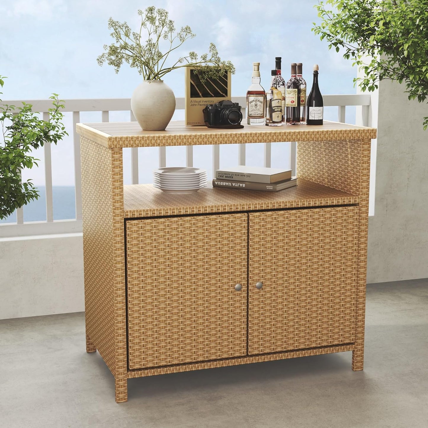Grand patio Outdoor Storage Cabinet with Walnut Wood Tabletop Weatherproof Wicker Buffet Cabinet 2-Door Wicker Sideboard for Garden Patio Poolside Beige