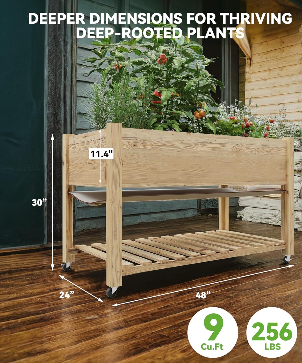 Outdoor Raised Garden Beds with Lockable Wheels Elevated Wooden Growing Bed for Flowers, Vegetables,Planter Box with Legs & Storage Shelf for Backyard, Patio, Balcony