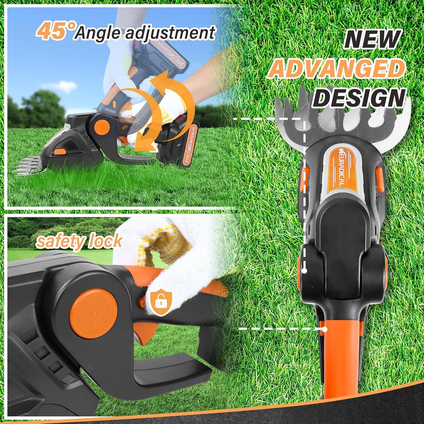 21V Cordless Hedge Trimmer & Grass Shear with 2 PCS Battery - 2 in 1 Handheld Electric Hedge Shears/Grass Cutter, Shrub Trimmer Bush Trimmer, Battery and Charger Included