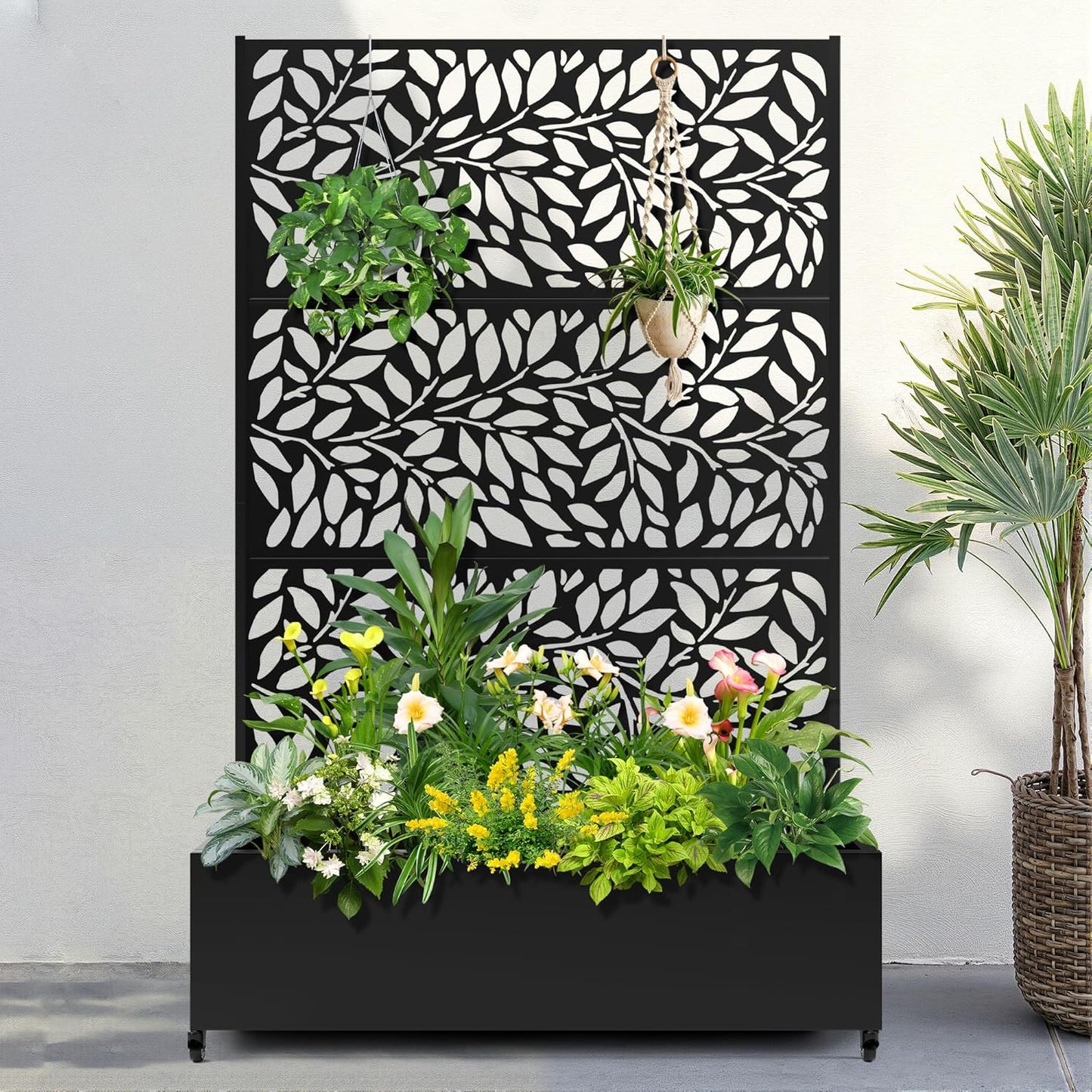 FENCY Metal Raised Garden Bed with Wheels and Trellis,73"x47"x16" Planter Box for Climbing Plants, Vegetables & Vines, Features Privacy Screen and Drainage Holes (Black-Leaf-2)