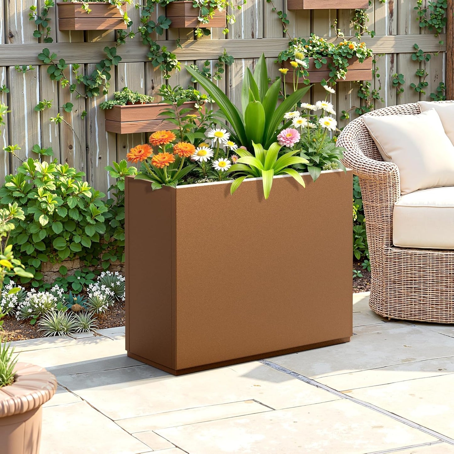 FENCY Metal Planter Box, Large Rectangular Planters for Outdoor Plants, Outdoor Tall Planters with Drainage Holes, Brown Metal Planters (30" L x 12" W x 24" H)