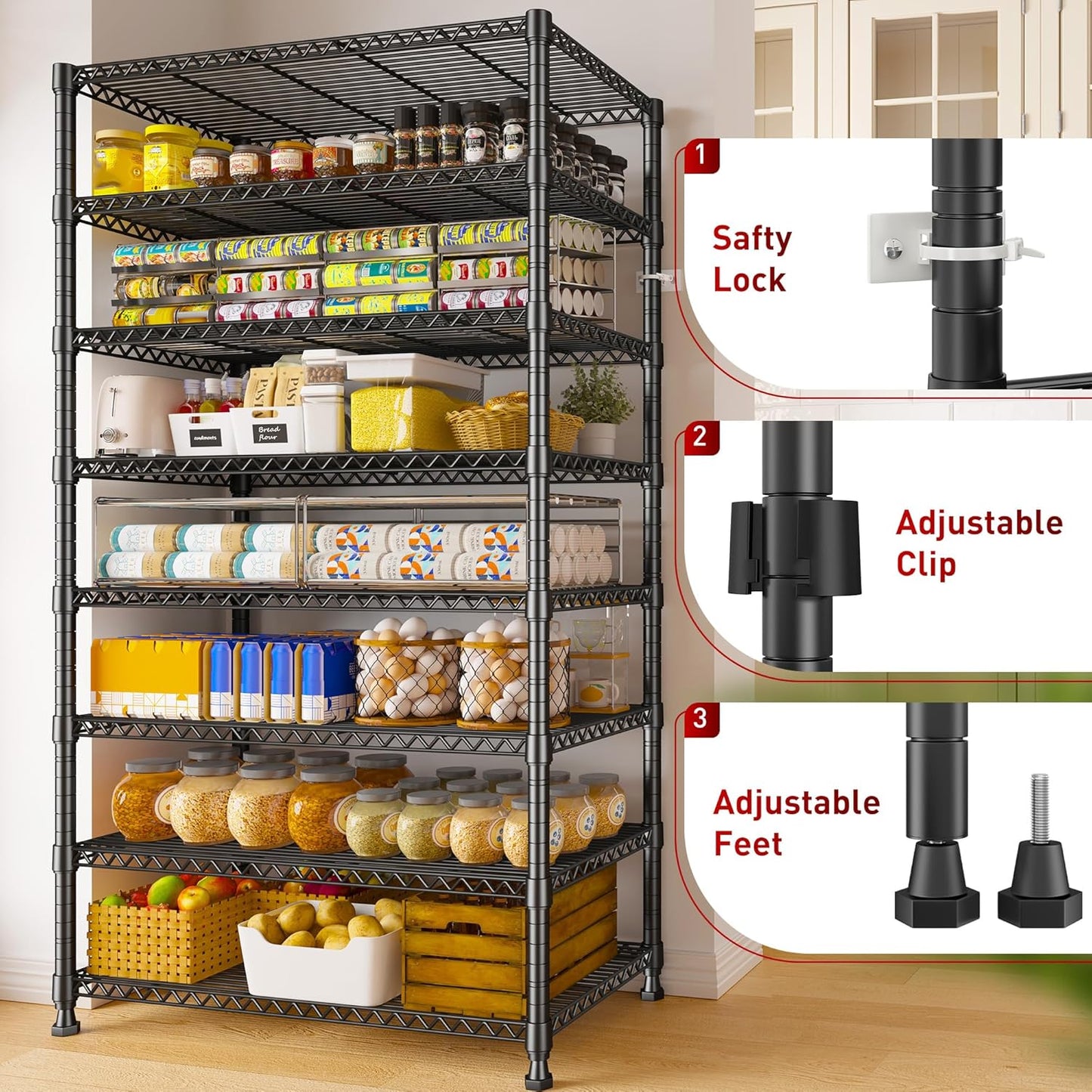 REIBII 8 Tier Metal Shelving 75"H Storage Shelves Tall Wire Shelving Unit Adjustable Detachable Storage Shelves for Laundry Pantry Kitchen Commercial school 1040LBS Storage Rack 75"H X 35"W X 14"D
