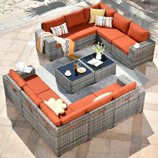 HOOOWOOO 12 Piece Modular Patio Outdoor Sectional Furniture Sofa Set,Wicker Conversation Set,Out Door Couch Set with Wide Arm for Outside All Weather(Orange Red)