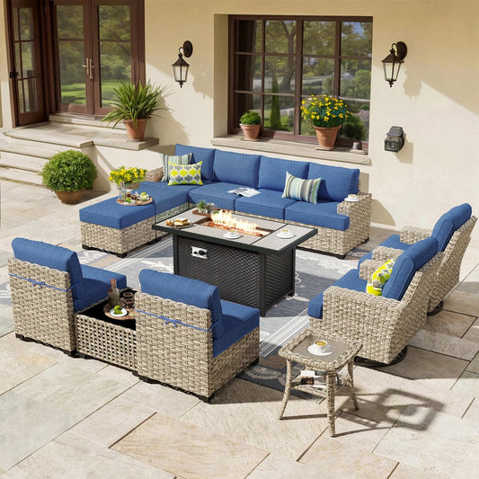 HOOOWOOO Outdoor Sectional Patio Furniture Set with Fire Pit Table,13 Pieces Wicker Conversation Sets L Shaped Couch,Extra Deep Out Door Sofa Outside Furniture with Swivel Chairs Ottoman,Denim Blue