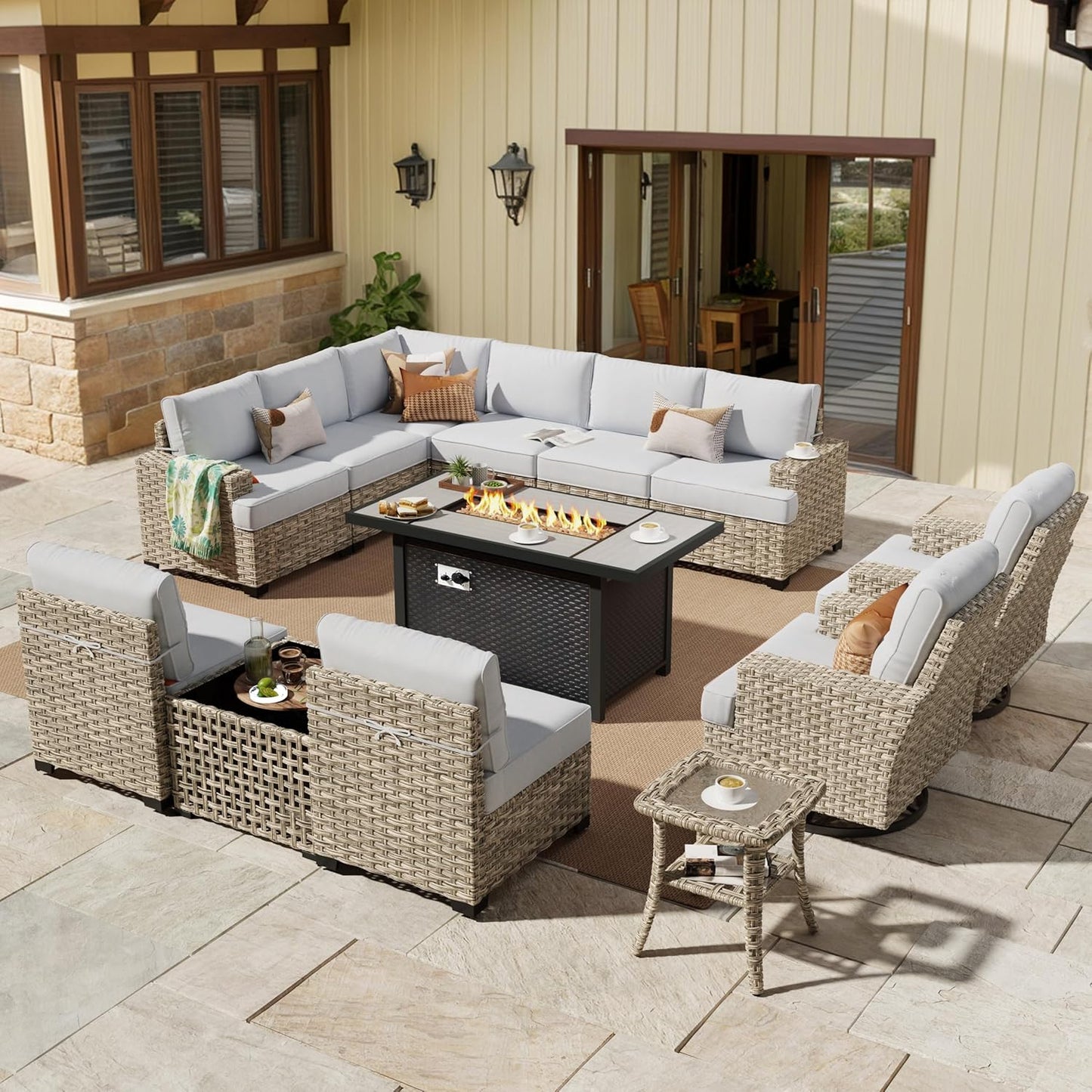 HOOOWOOO Outdoor Sectional Patio Furniture Set with Fire Pit Table,13 Pieces Wicker Conversation Sets L Shaped Couch,Extra Deep Out Door Sofa Outside Furniture with Swivel Chairs,Light Gray