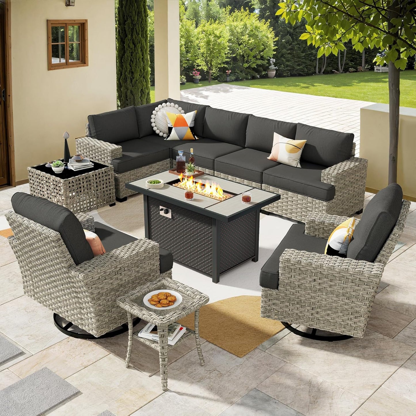HOOOWOOO Outdoor Sectional Patio Furniture Set with Fire Pit Table,10 Pieces Wicker Conversation Sets L Shaped Couch,Extra Deep Out Door Sofa Outside Furniture with Swivel Chairs,Black
