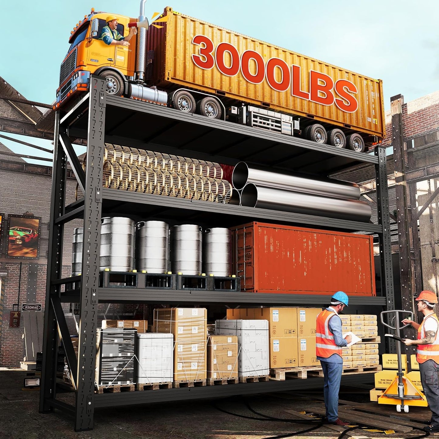 Set of 2 Storage Shelves, 4 Tier Heavy Duty Garage Shelving Units, 48” Wide Rack Shelf, 3000LBS Steel Industrial Shelving, 24” Deep Adjustable Standing Shelf for Warehouse 24" D x 48" W x 70" H Black