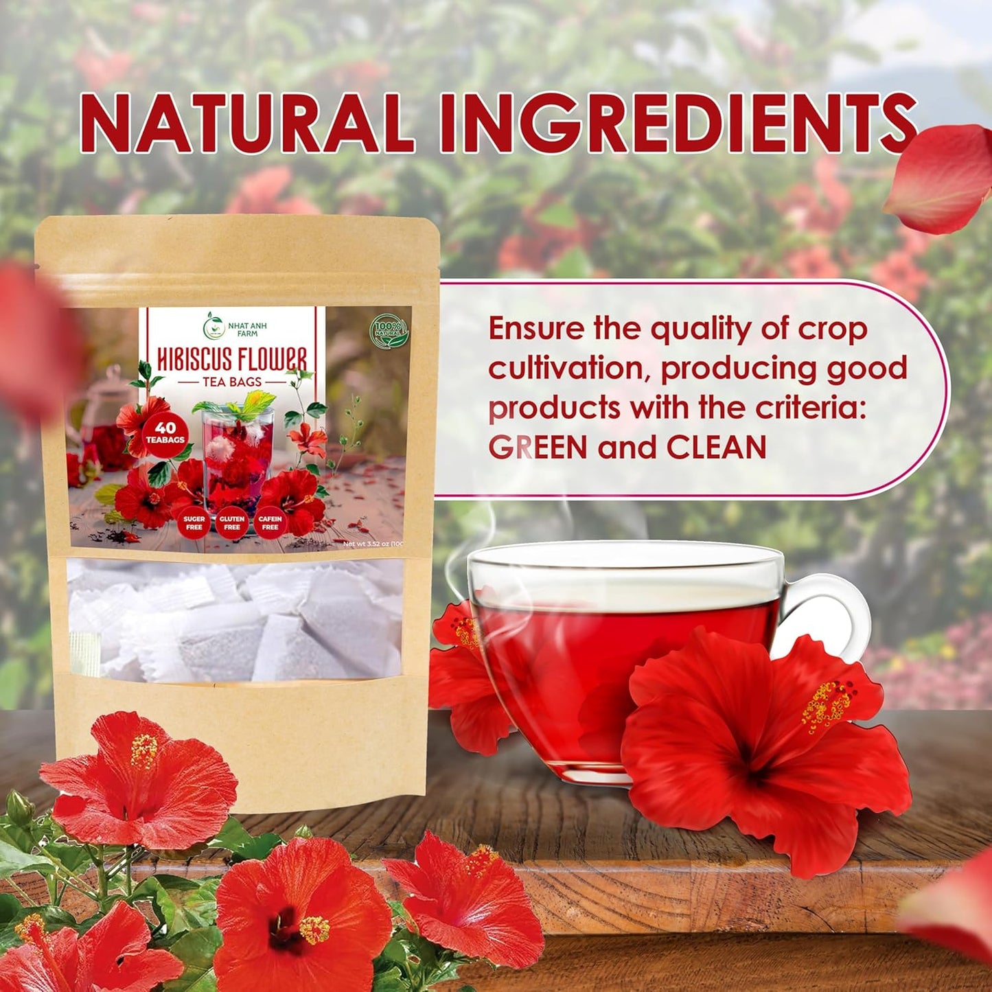 Premium Hibiscus Tea Bags - Dried Hibiscus Flower Tea Bags - 40 Teabags, 2.5g/bag), 100% Natural & Pure Hibiscus Flowers, Sugar/Caffeine/Gluten Free. Good For Your Health