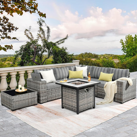 HOOOWOOO Modular Patio Outdoor Sectional Furniture Set with Gas Propane Fire Pit Table,7 Piece Wicker Conversation Sofa Set,Out Door Couch Set with Wide Arm Outside(Grey Stripes)