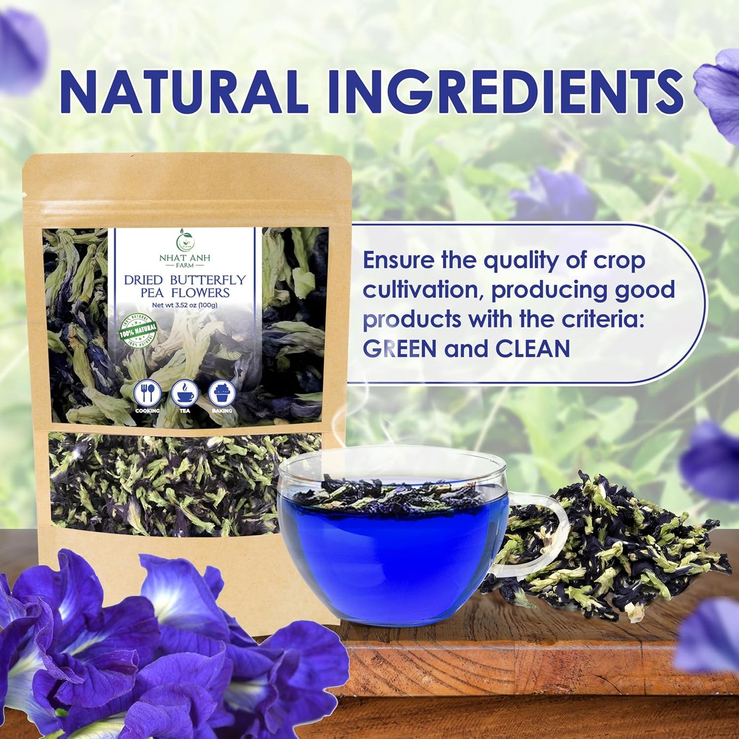Nhat Anh Farm - Premium Dried Butterfly Pea Flower - 3,5oz(100g) Blue Butterfly Pea Flower - 100% Natural & Pure, Sugar/Caffeine/Gluten Free - For Making Tea