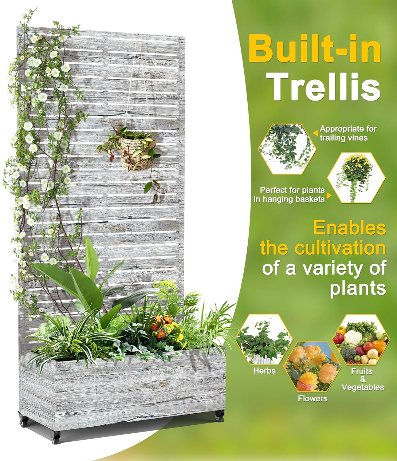 FENCY Metal Raised Garden Bed with Wheels and Trellis,73"x35"x16" Planter Box for Climbing Plants, Vegetables & Vines, Features Privacy Screen and Drainage Holes (White Wood Color)