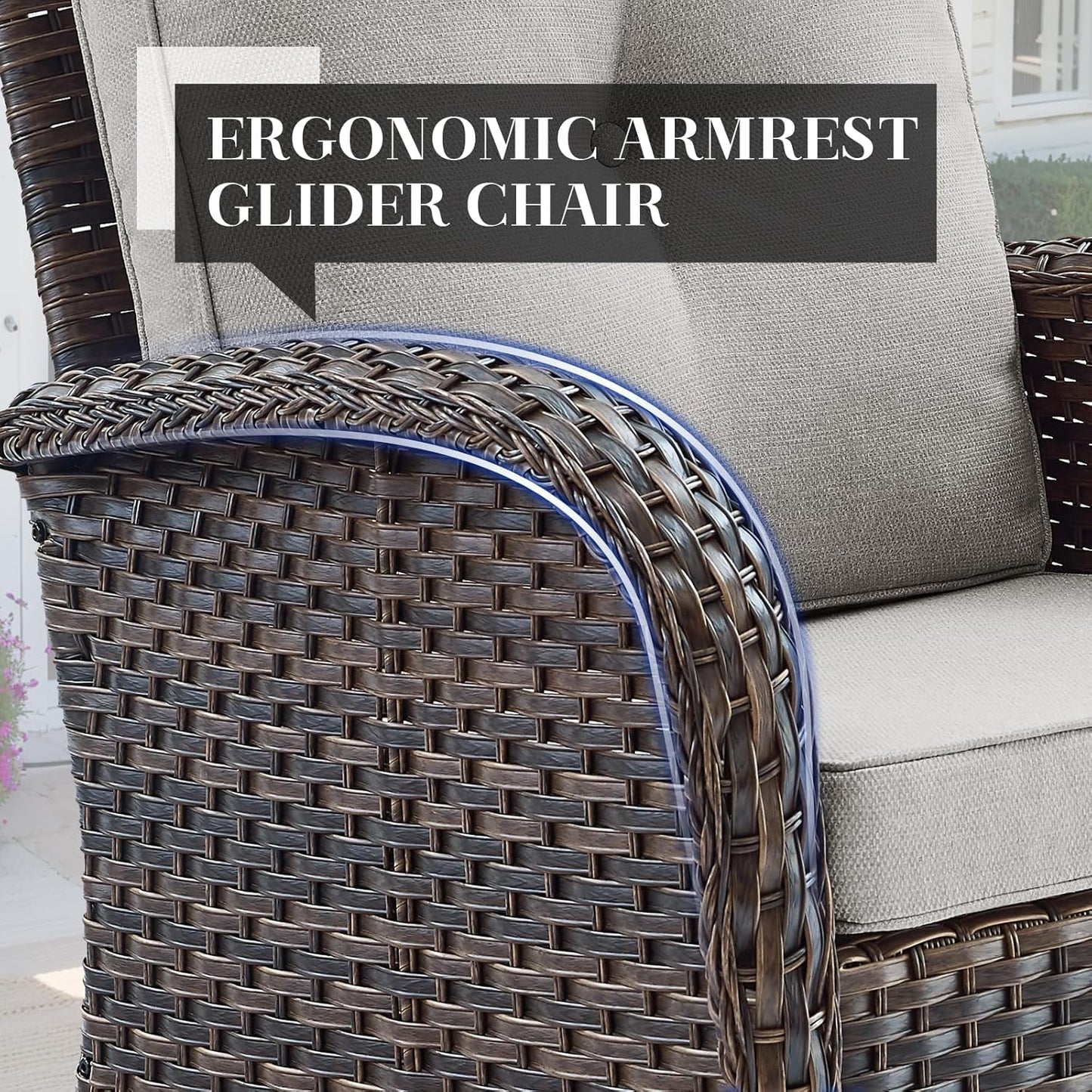 HUMMUH 5 Pieces Wicker Patio Furniture Set,Outdoor Swivel Gliders Rocker,Patio Ottomans,Glass Top Side Table,Outdoor Conversation Set for Porch Deck Backyard Poolside