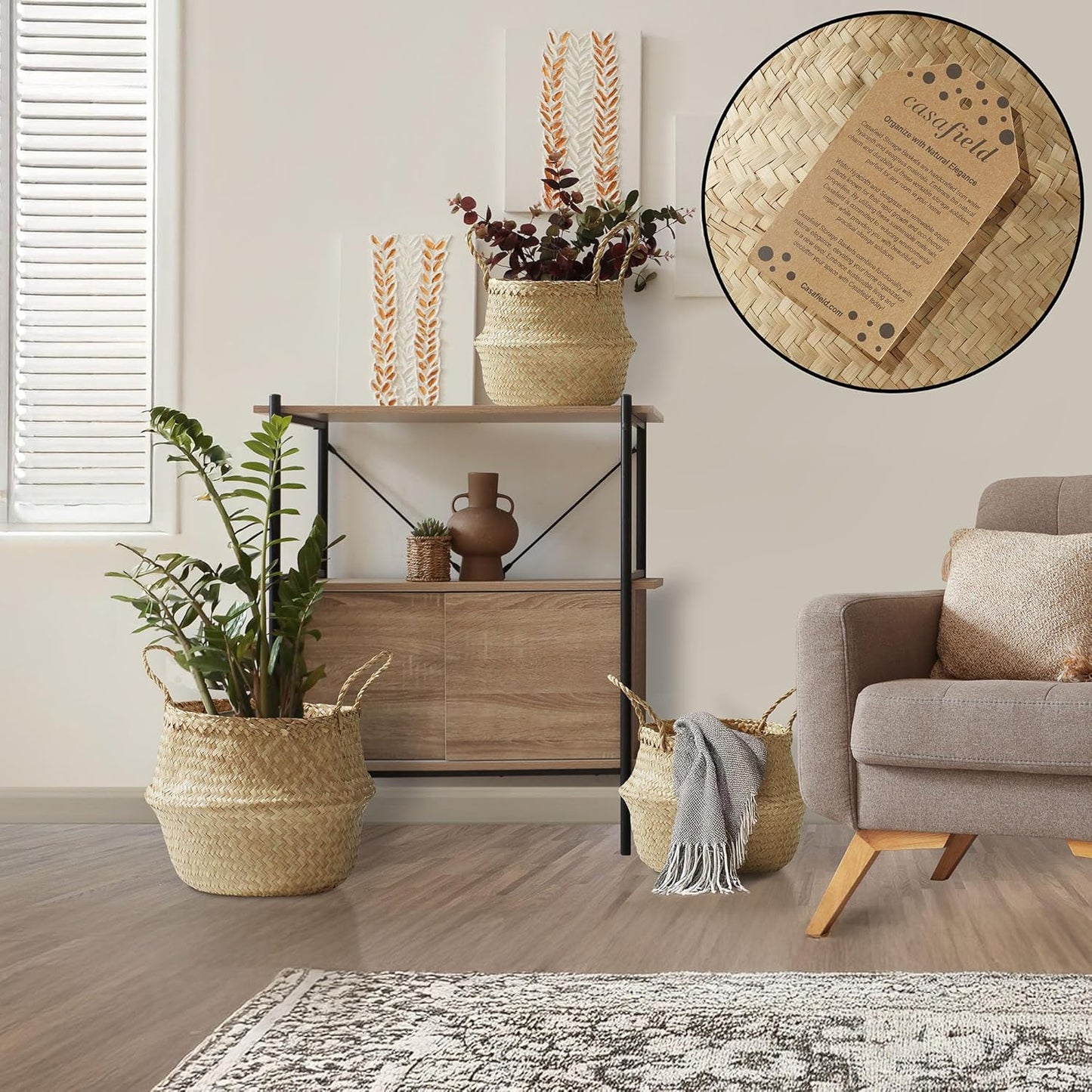 Casafield (Set of 3) Seagrass Belly Storage Basket Planters - Small, Medium, Large, Natural Woven Wicker Indoor Plant Pot Covers for Plants and Trees