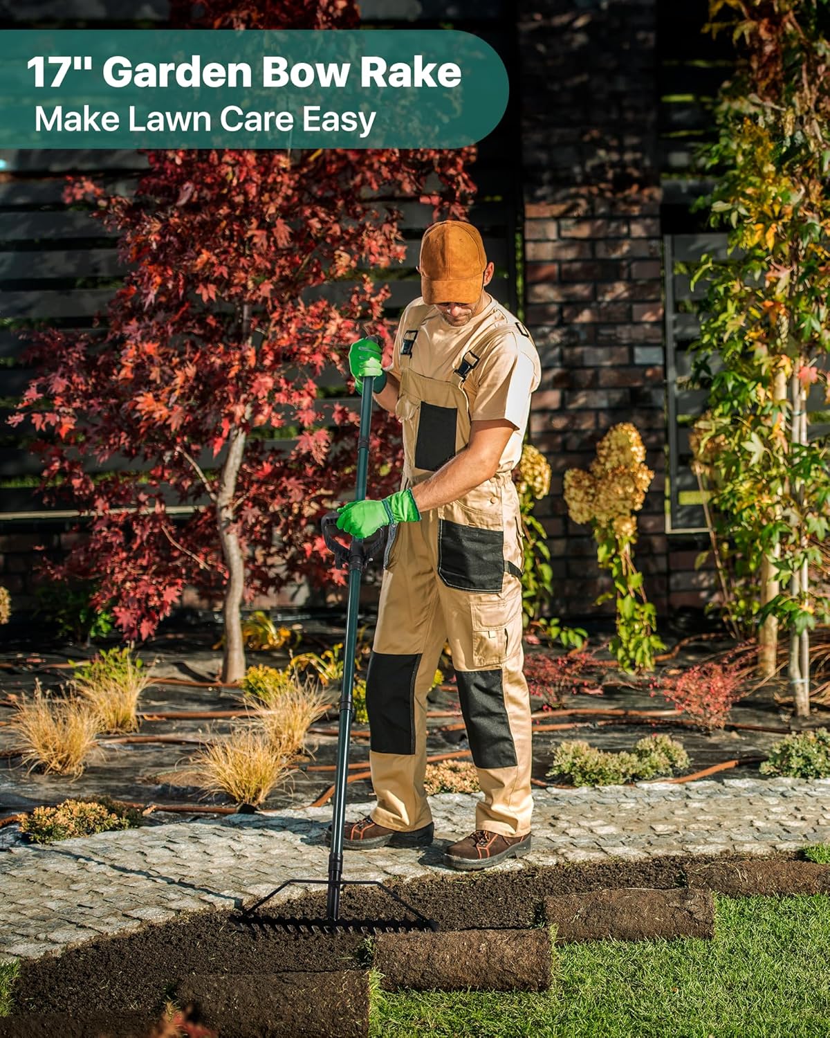 Garden Rake, 17'' Thatch Rake Heavy Duty with 63'' Long Back-Saving Adjustable Handle, Heavy Duty Metal Garden Tool for Loosening Leveling Soil, Gathering Leaves Grass, Weeding