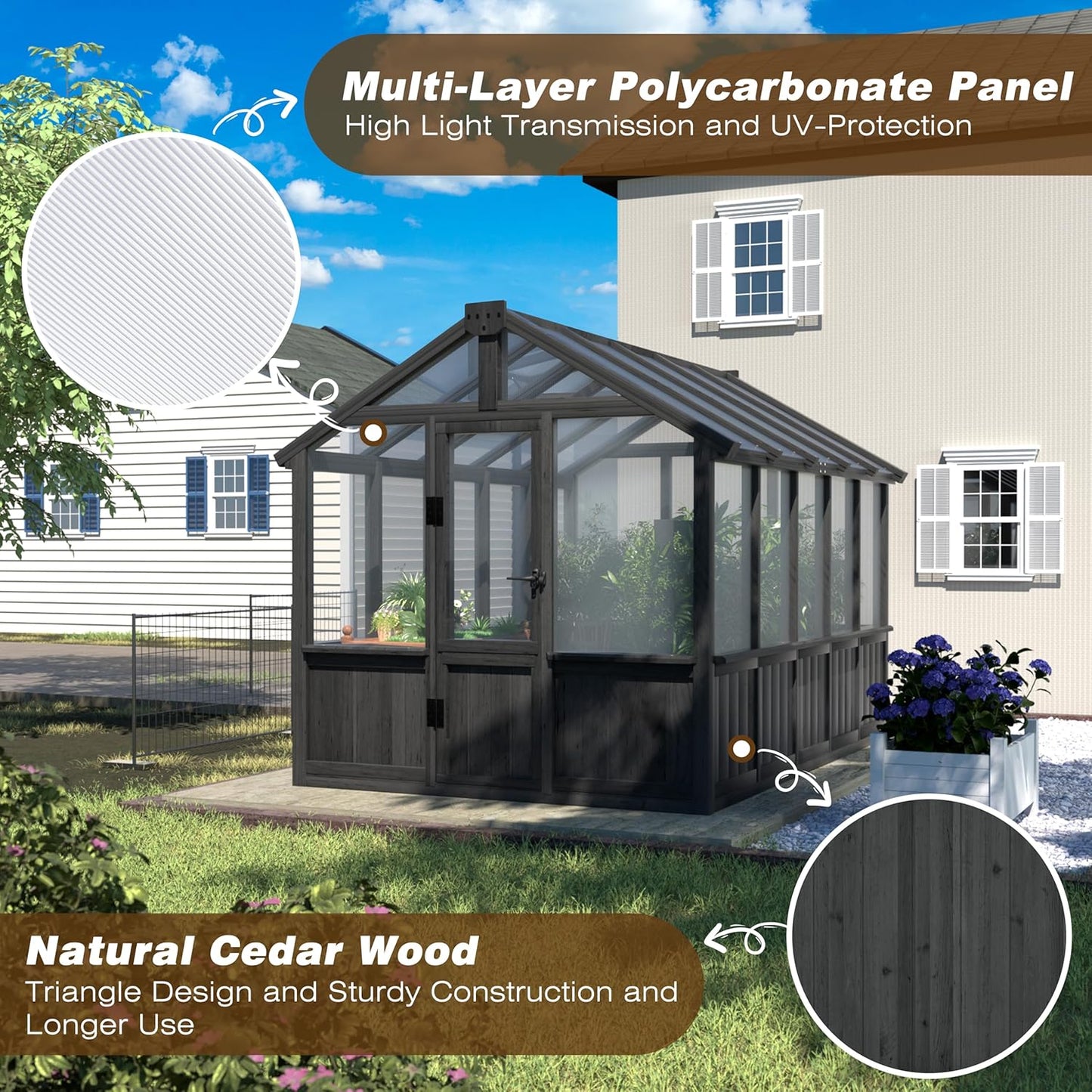 MUPATER 6 x 10 FT Wooden Polycarbonate Greenhouse with Ventilated Window & Lockable Door, Multi-Layer PC Panels for UV Protection, Walk-in Greenhouse Kit for Outdoor, Garden and Backyard, Black
