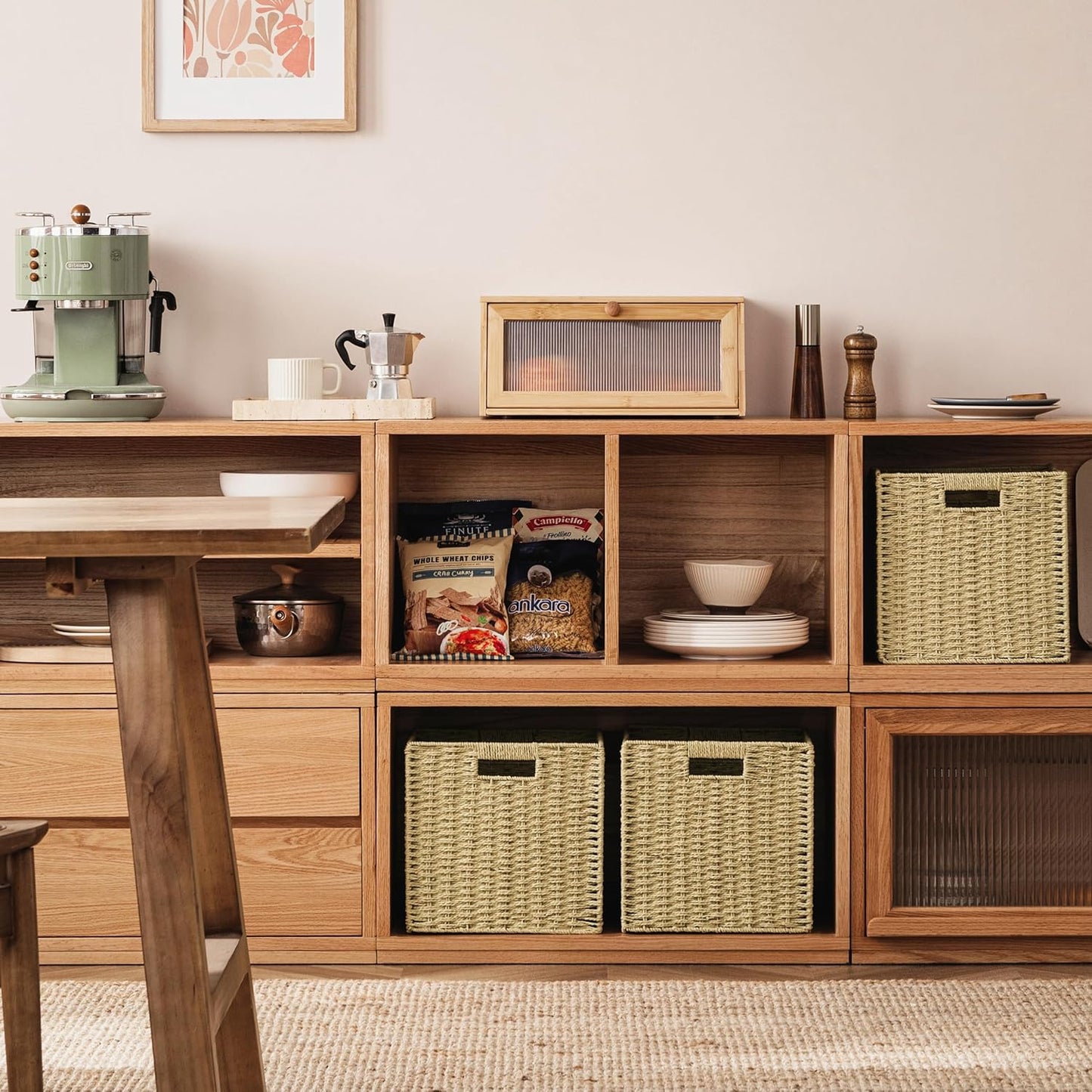 UBBCARE 4 Pack Wicker Basket, 11L×11H×10.5W inch Woven Paper Rope Storage Baskets for shelves, Foldable Cube Storage bin with Handle, Storage Basket for Organizing & Decor, Natural