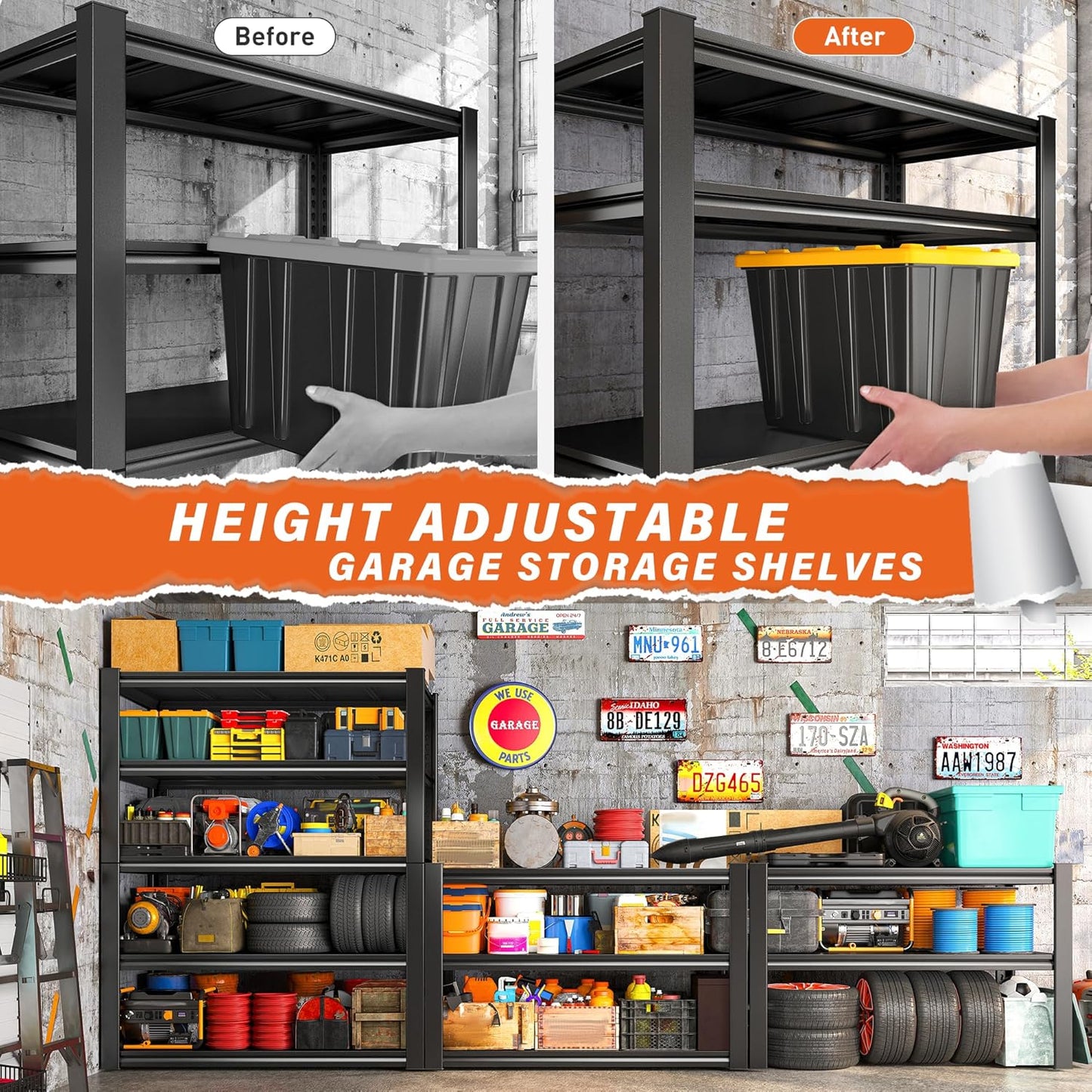 REIBII Garage Shelving Heavy Duty 2500LBS Storage Shelves 40" W Garage Shelves Heavy Duty Shelving Metal Shelves for Warehouse, Basement, Pantry, 40" W x 17.7" D x 72.2" H