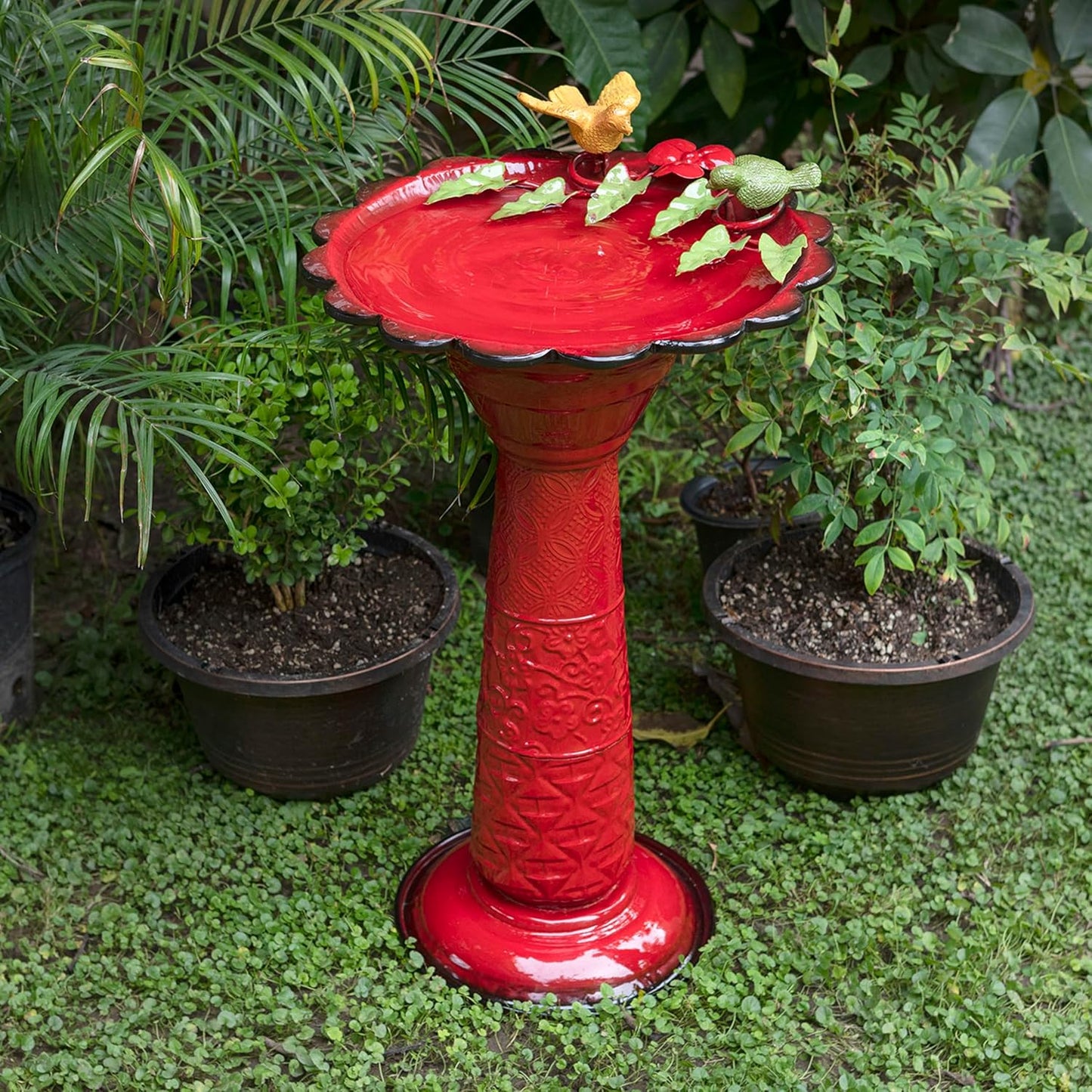 Alpine Corporation - 28" Tall Outdoor Metal Birdbath with Birds and Leaves Yard Statue Decoration, Red – Stunning Garden Accent to Attract Birds - Durable Construction for Patio, Deck, or Yard