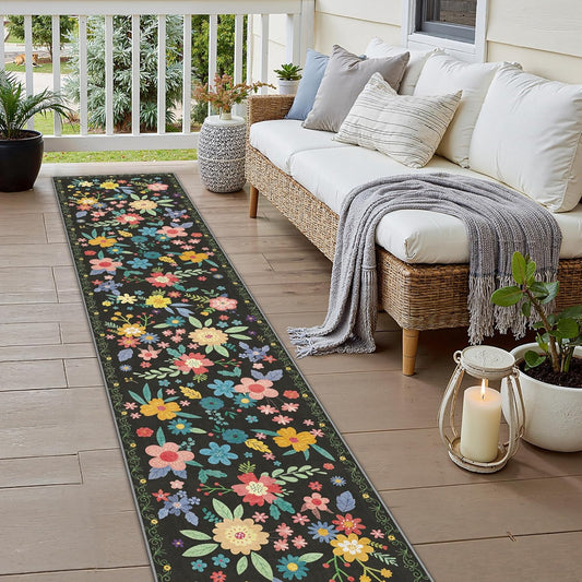 GENIMO Indoor Outdoor Area Rug 2' X 10' Waterproof, Washable Runner Rug Non Shedding, Easy Cleaning Floral Outdoor Carpet for Patio, Living Room, Bedroom, Entryway, Porch, Dining Room, Black