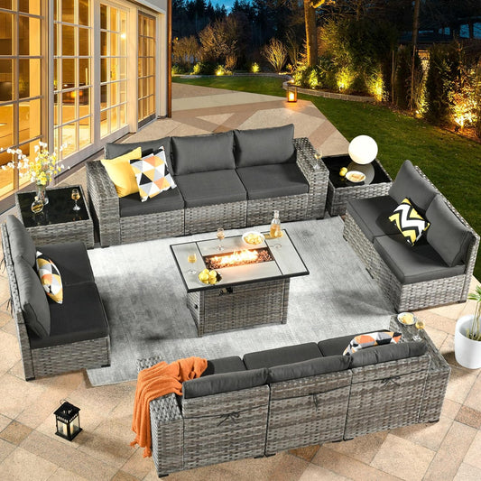 HOOOWOOO 13 Piece Modular Patio Outdoor Sectional Furniture Set with Gas Propane Fire Pit Table,Wicker Conversation Sofa Set,Out Door Couch Set with Wide Arm Outside(Black)