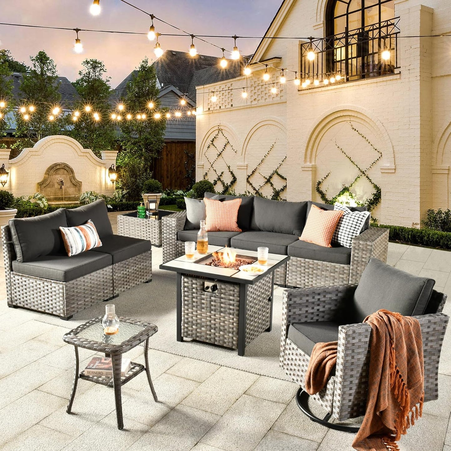 HOOOWOOO 9 Piece Modular Patio Outdoor Sectional Furniture Set with Gas Propane Fire Pit Table,Wicker Conversation Sofa Set with Swivel Chairs,Outside Couch Set(Black)
